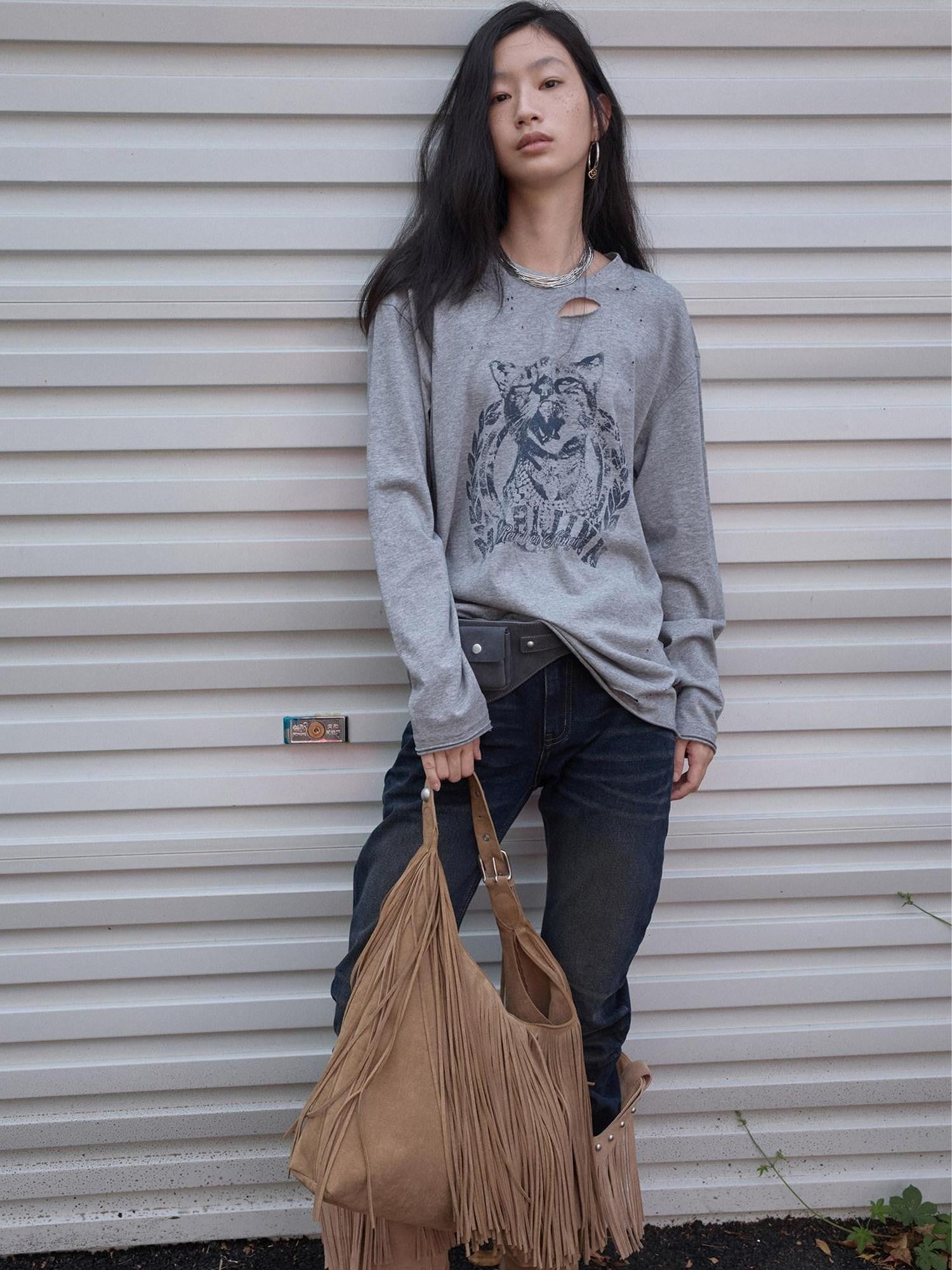 1JINN STUDIO American Vintage Cat Print Washed Distressed Women&