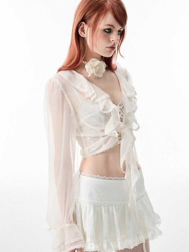 1JINN STUDIO Ballet Lace Trim Pleated Mid Waist Aline Women&