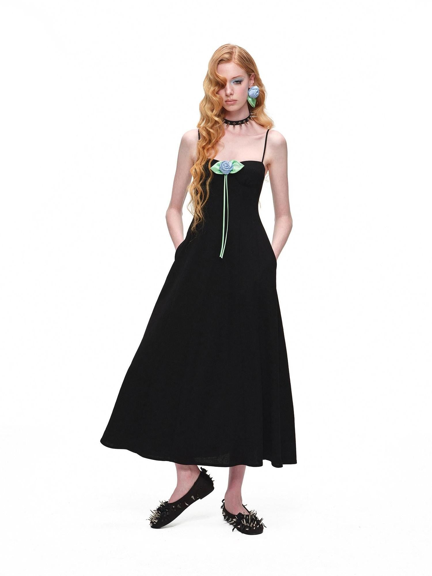 1JINN STUDIO Black Boned Corset Cinched Waist Rose Brooch A Line Women&