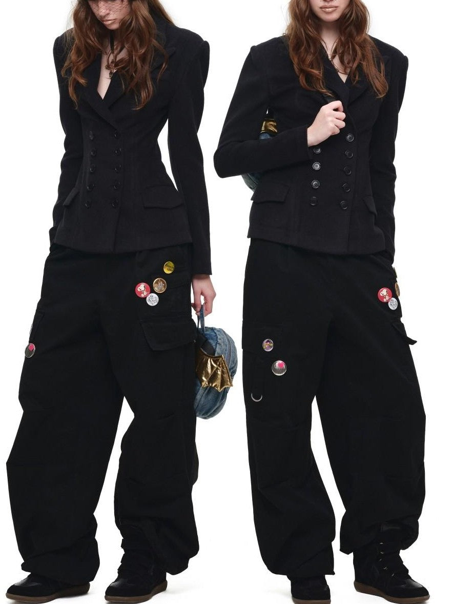 1JINN STUDIO Black Double Breasted Cinched Waist Hourglass Silhouette Women&