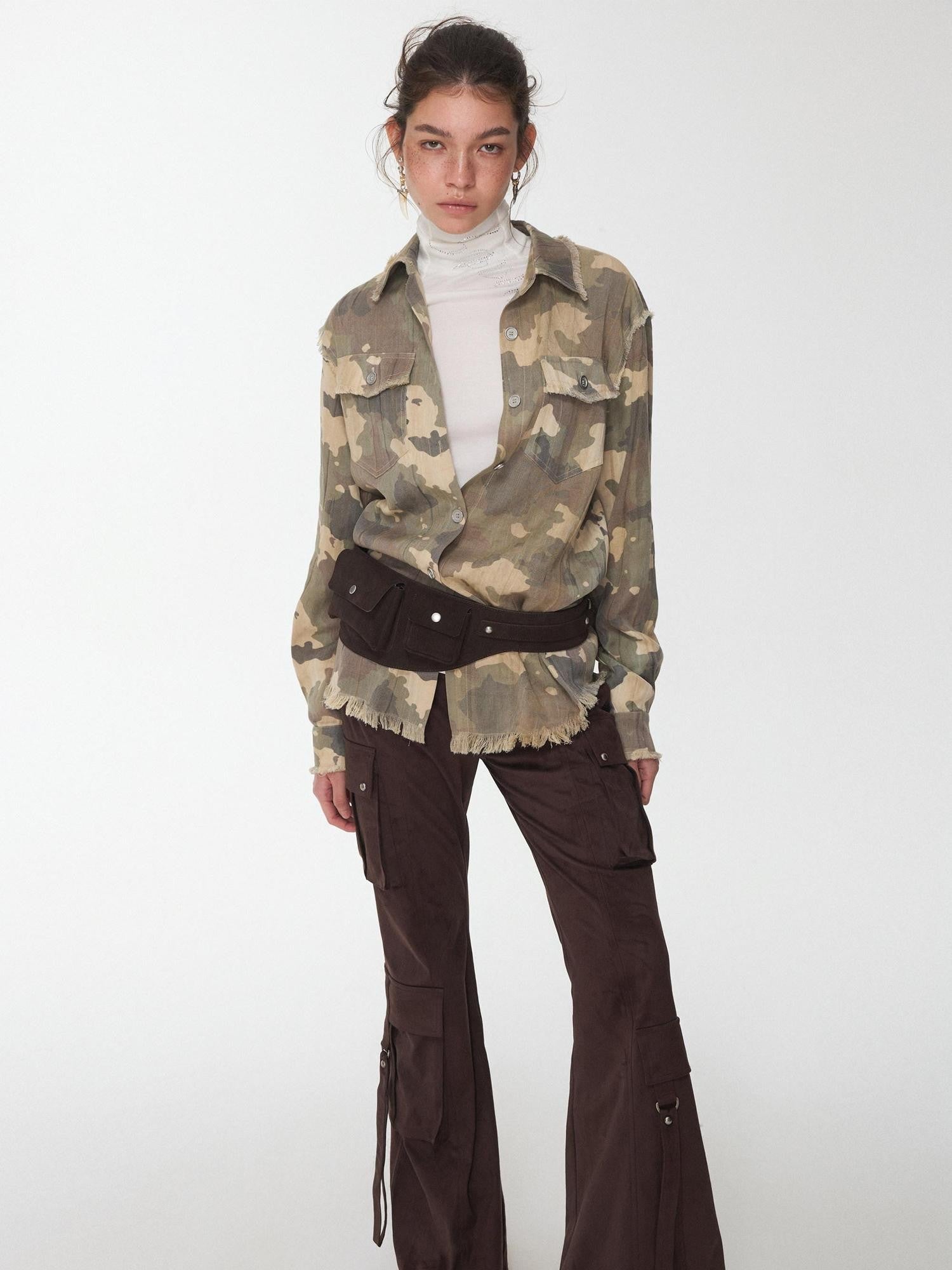 1JINN STUDIO Camel Gray Camo Washed Pleated Frayed Tassel Fitted Women&