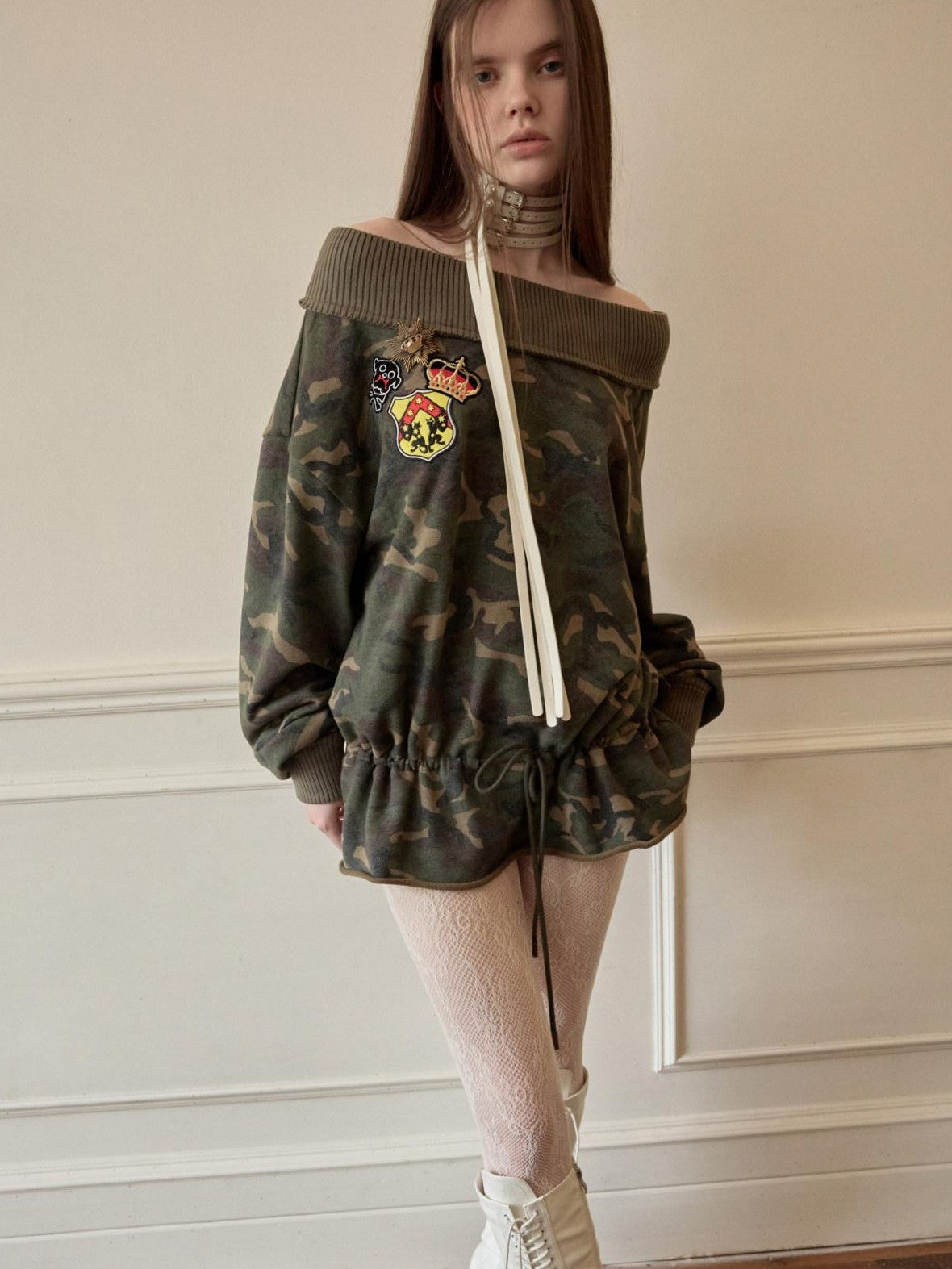 1JINN STUDIO Camouflage Asymmetrical Embroidered Badge Drawstring Women&