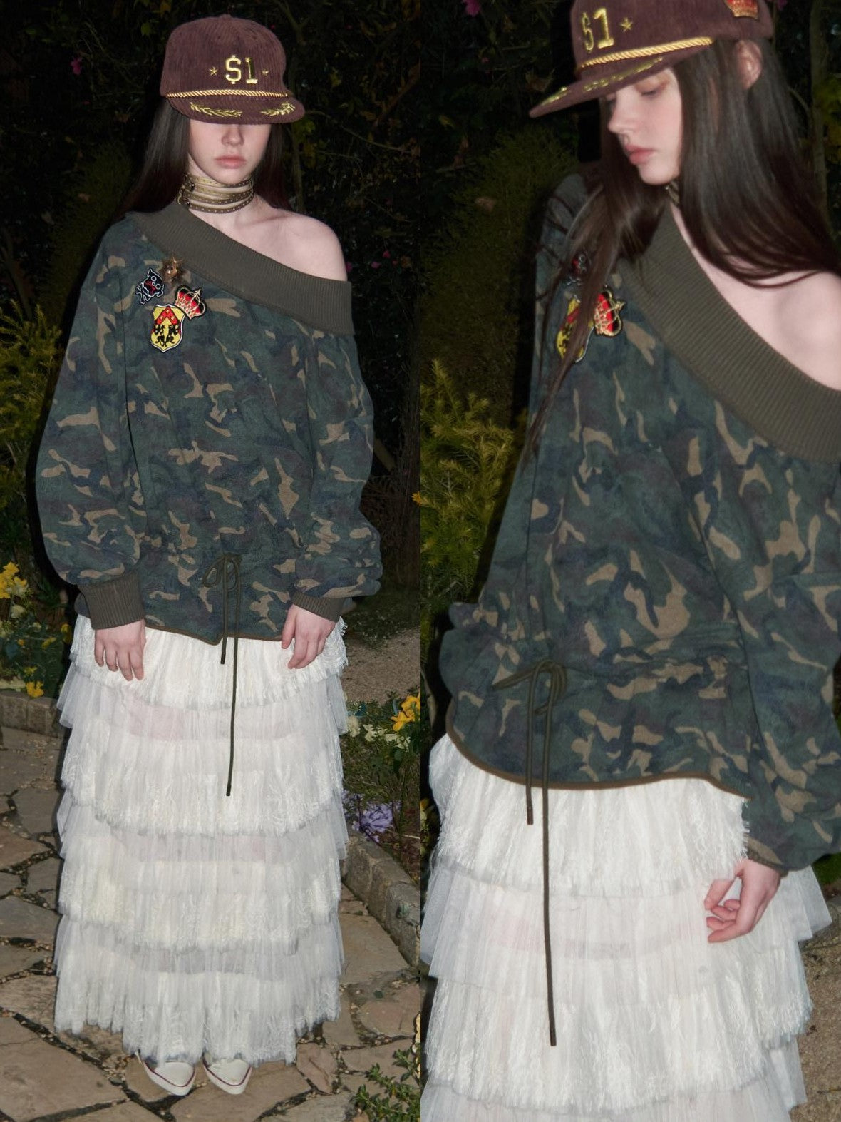 1JINN STUDIO Camouflage Asymmetrical Embroidered Badge Drawstring Women&