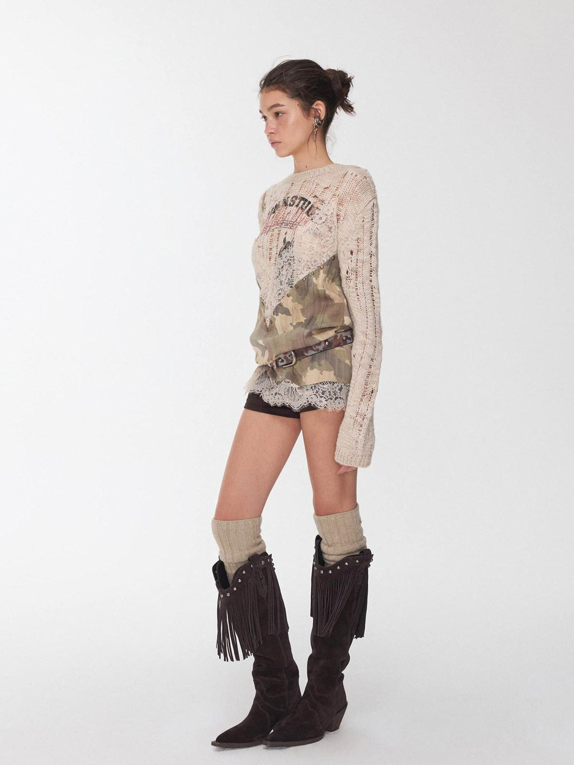 1JINN STUDIO Camouflage Lace Patchwork Rhinestone V-neck Women&