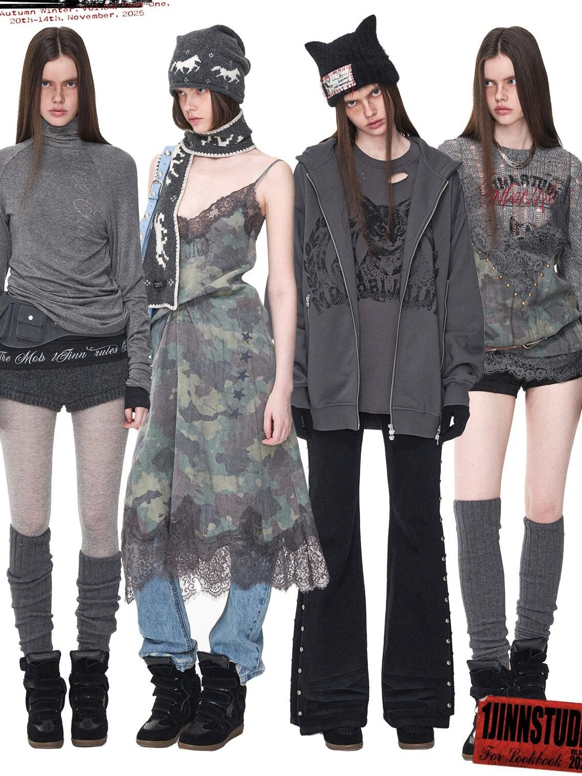 1JINN STUDIO Camouflage Print Lace Trim V-neck Spaghetti Strap Women&