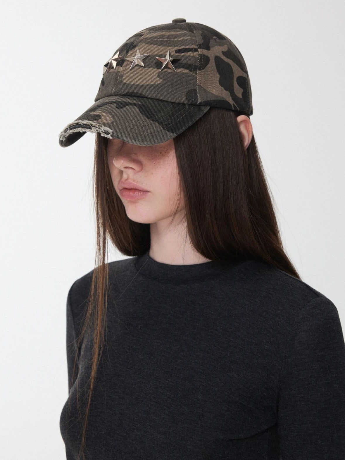 1JINN STUDIO Camouflage Washed Distressed Star Stud Deep Wide Brim Women&