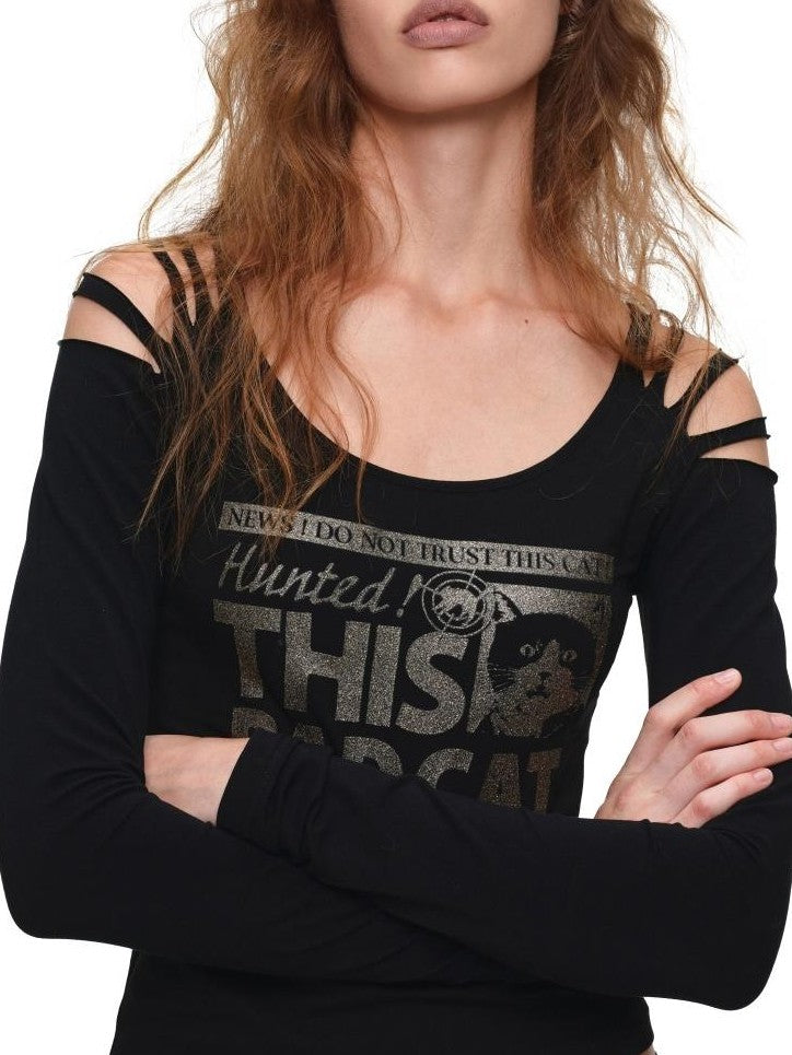 1JINN STUDIO Cat News Print Cold Shoulder Distressed Women&
