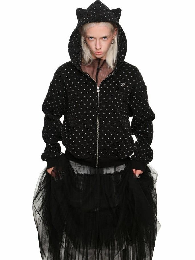 1JINN STUDIO Cat Paw Polka Dot Hooded Zip Cardigan Women&