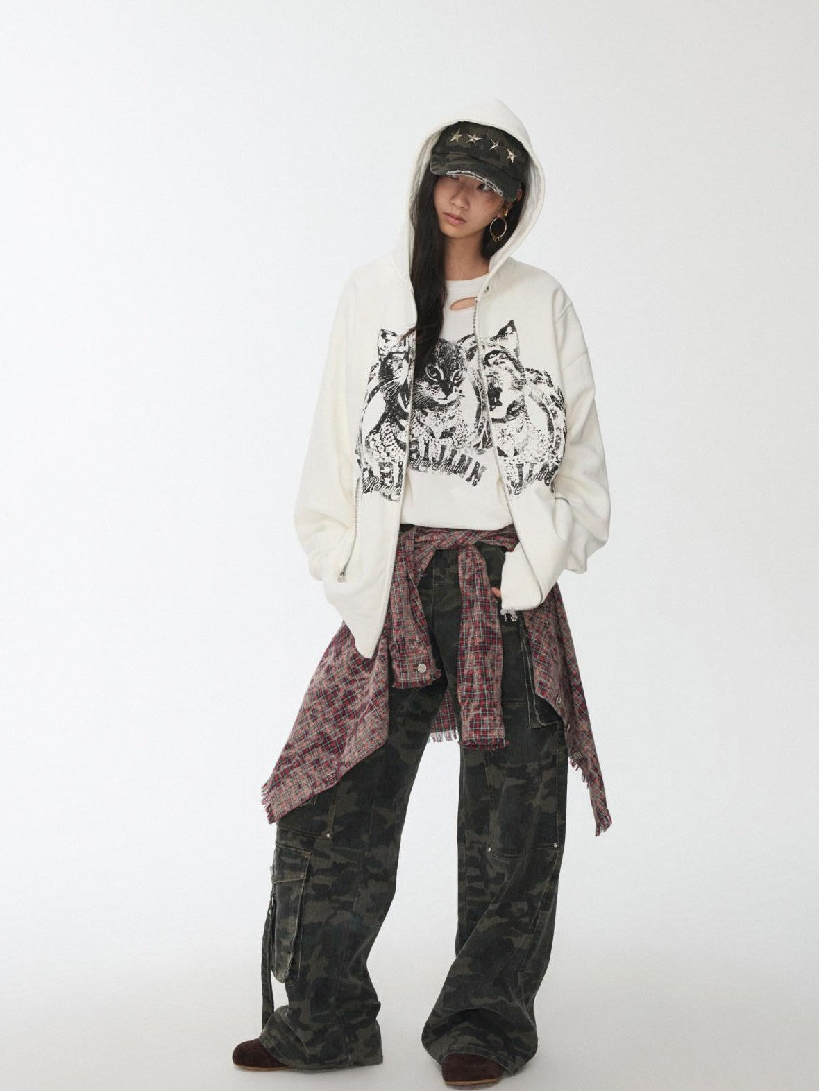 1JINN STUDIO Cat Print Double Zipper Drop Shoulder Women&