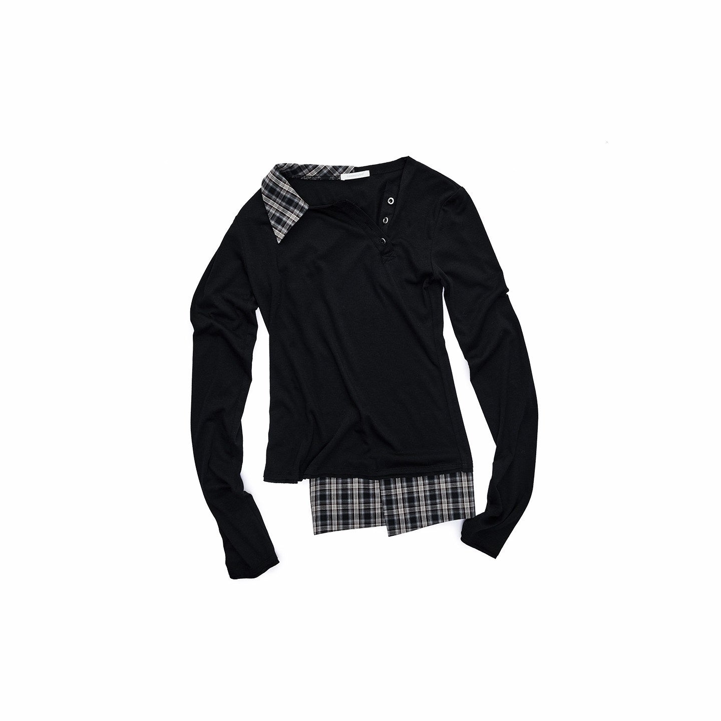 1JINN_STUDIO_Check_Asymmetric_Henley_Patch_Faux_Layered_Women&