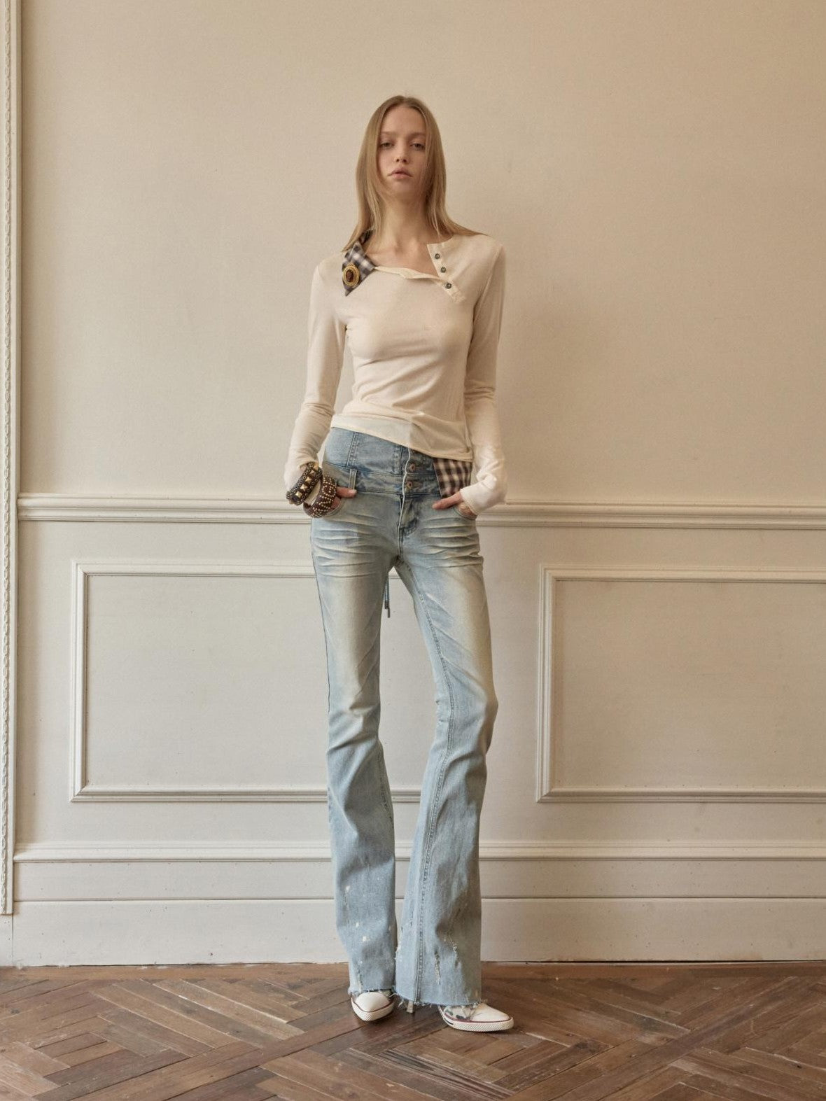 1JINN STUDIO Check Asymmetric Henley Patch Faux Layered Women&