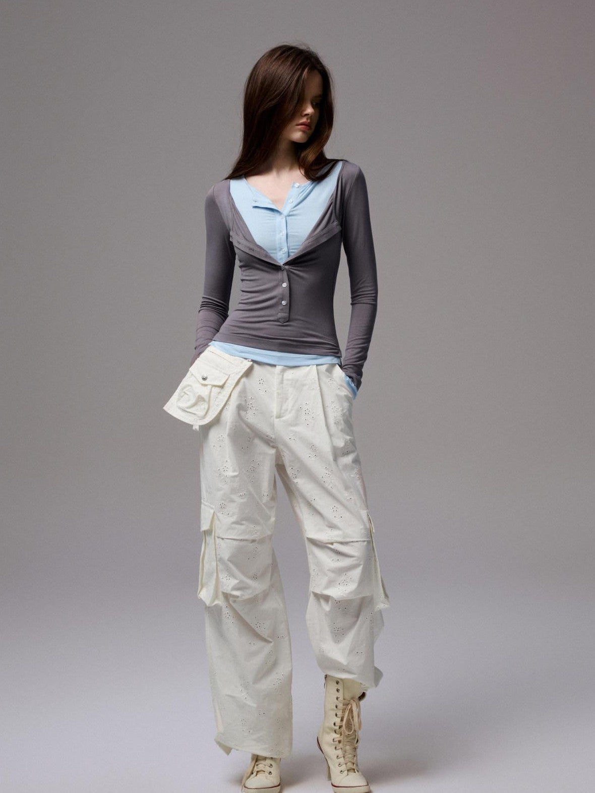 1JINN STUDIO Colorblock Henley Collar Faux Layered Slim Stretch Women&
