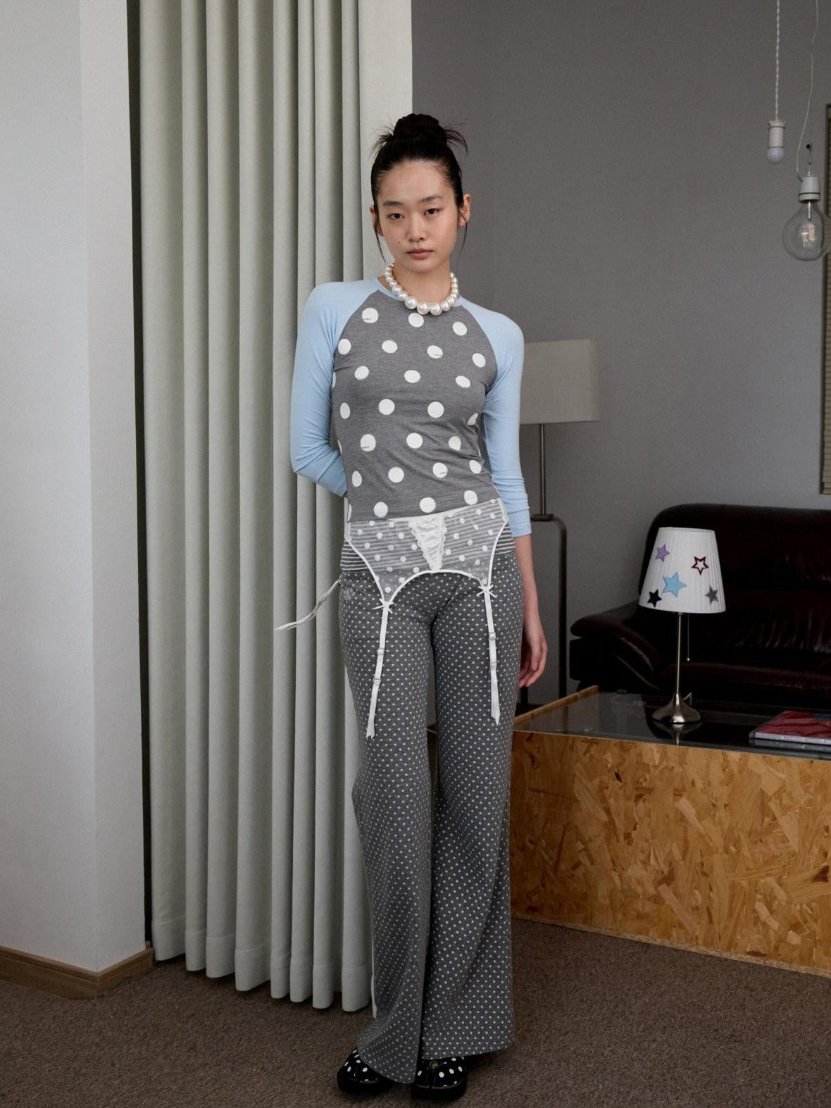1JINN STUDIO Colorblock Polka Dot Print Raglan Three Quarter Sleeve Women&