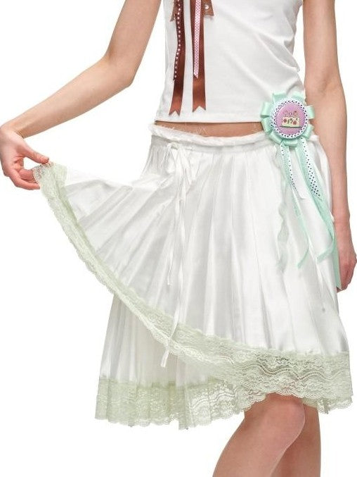 1JINN STUDIO Colorblock Satin Splice Lace Drawstring Irregular Pleated Women&