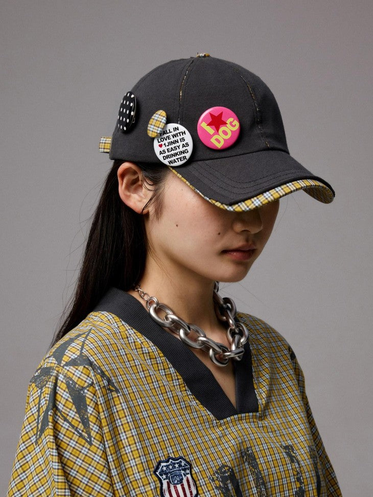 1JINN STUDIO Contrast Plaid Patchwork Badge Frayed Edge Women&