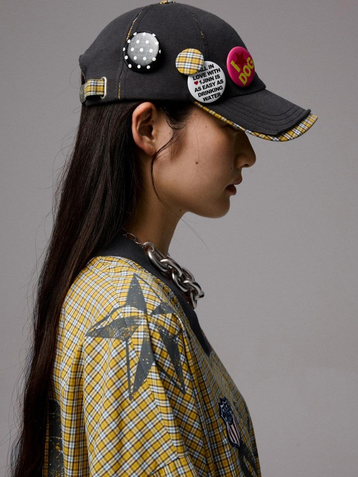 1JINN STUDIO Contrast Plaid Patchwork Badge Frayed Edge Women&