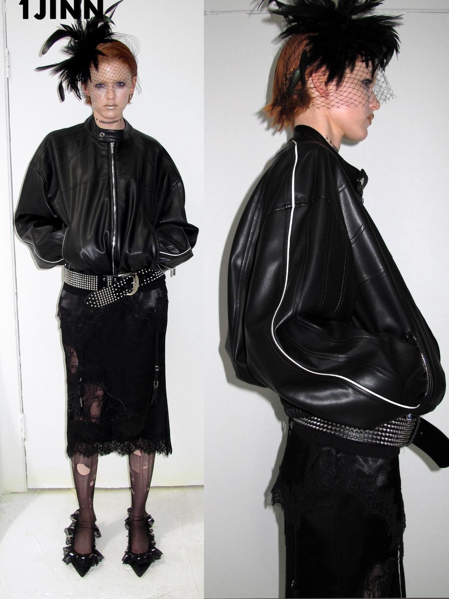 1JINN STUDIO Contrast Woven Strap Oversized Biker Zipper Cropped Women&