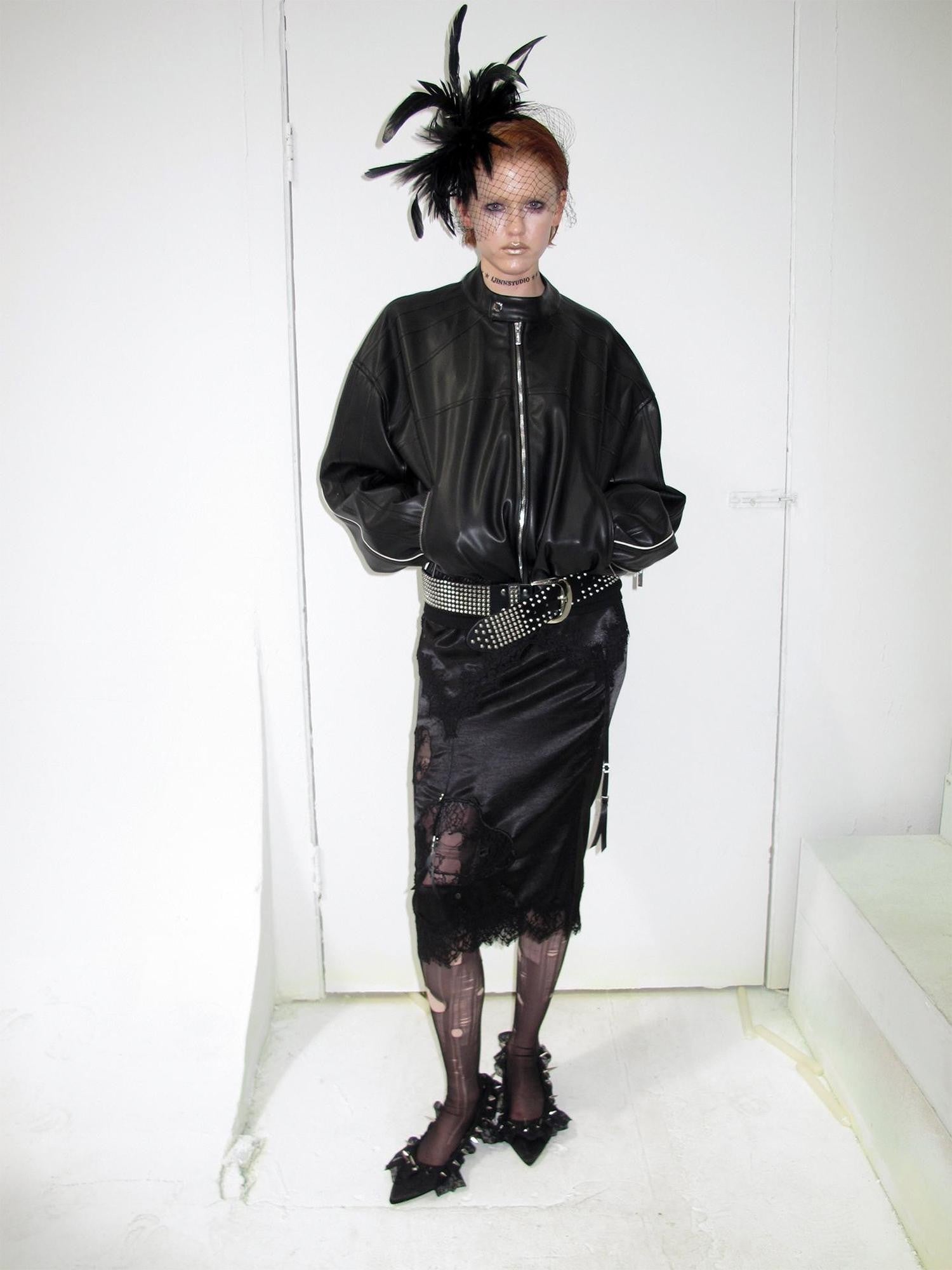 1JINN STUDIO Contrast Woven Strap Oversized Biker Zipper Cropped Women&