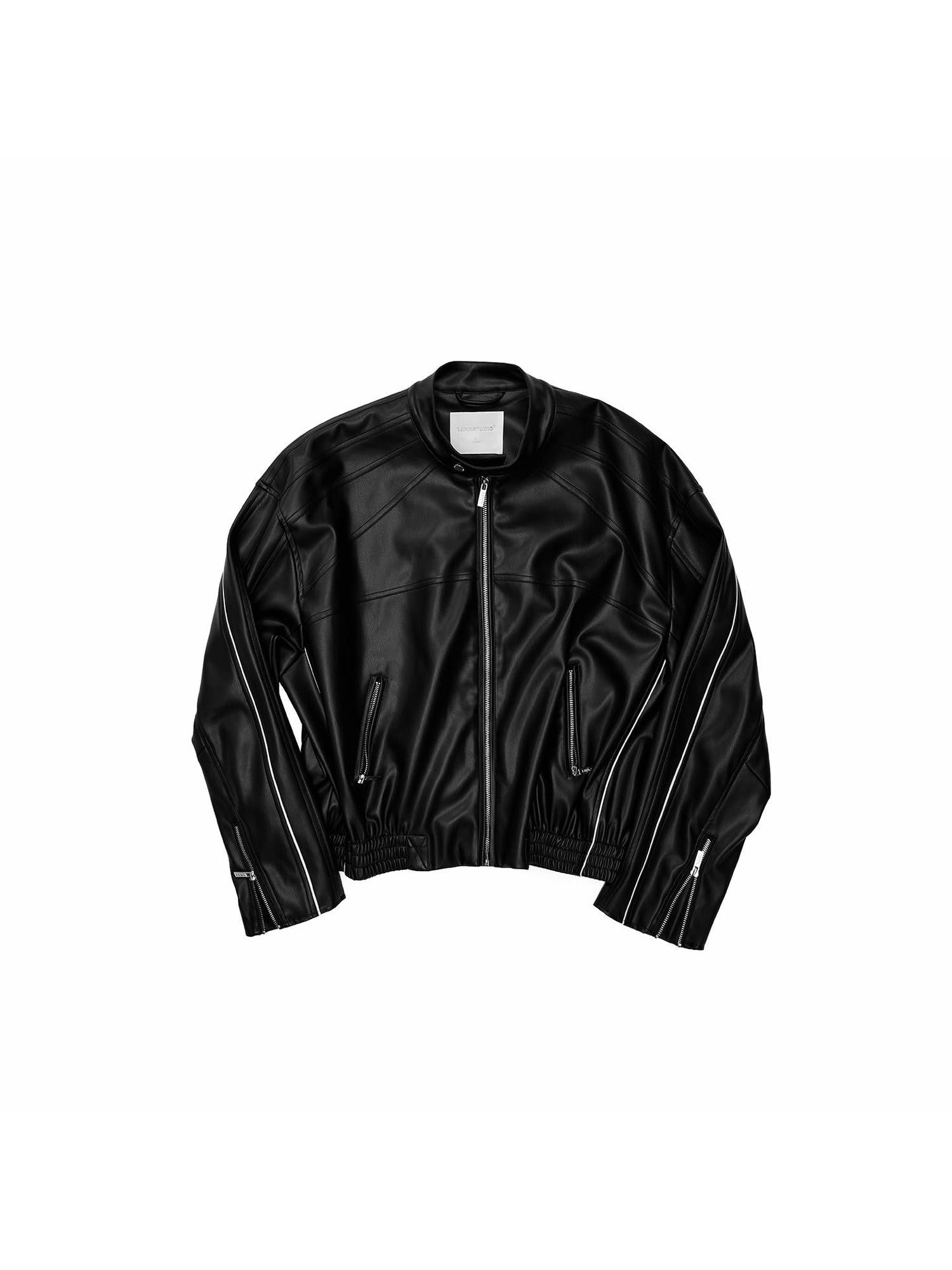 1JINN STUDIO Contrast Woven Strap Oversized Biker Zipper Cropped Women&