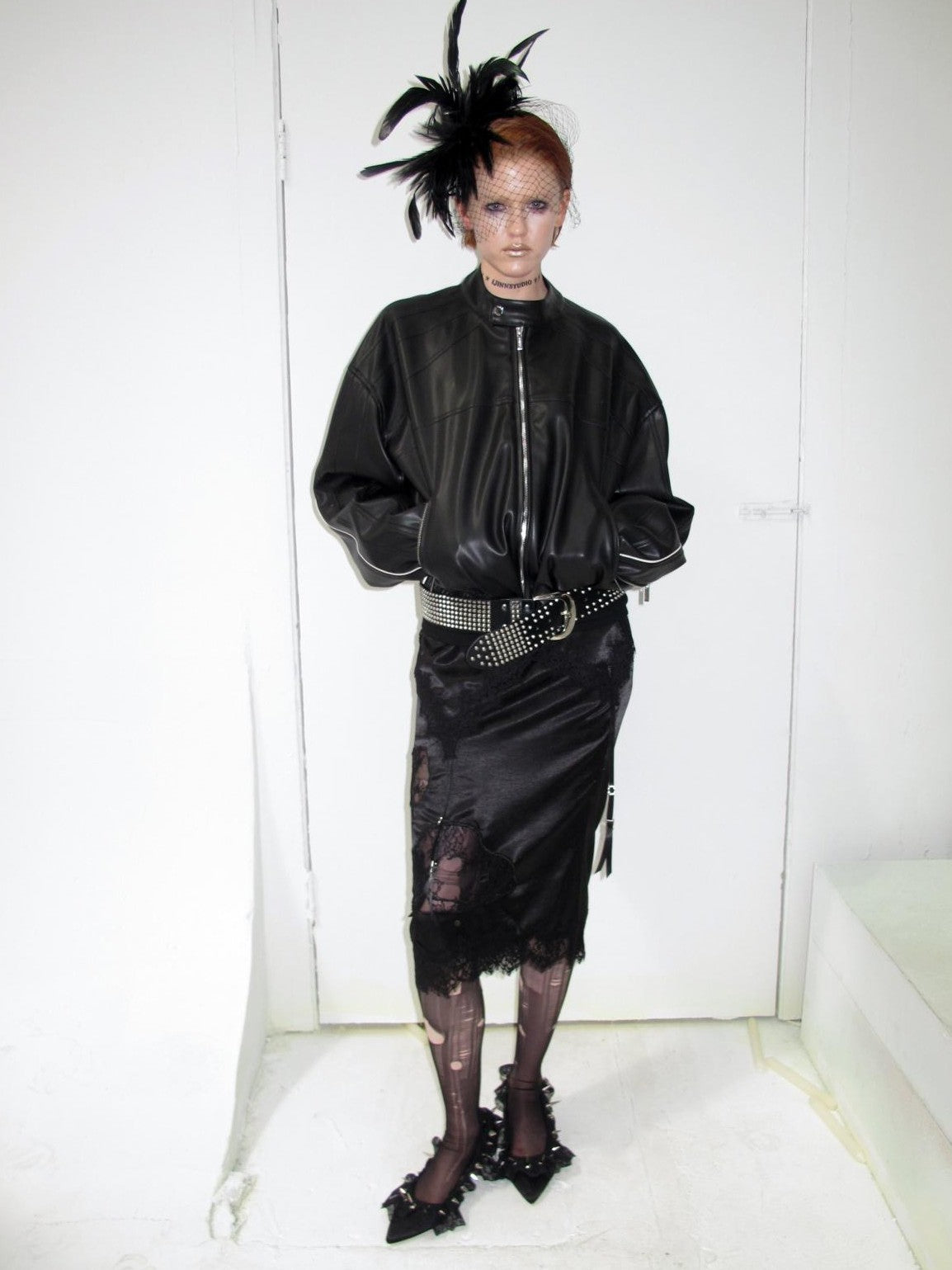 1JINN STUDIO Contrast Woven Strap Oversized Biker Zipper Cropped Women&