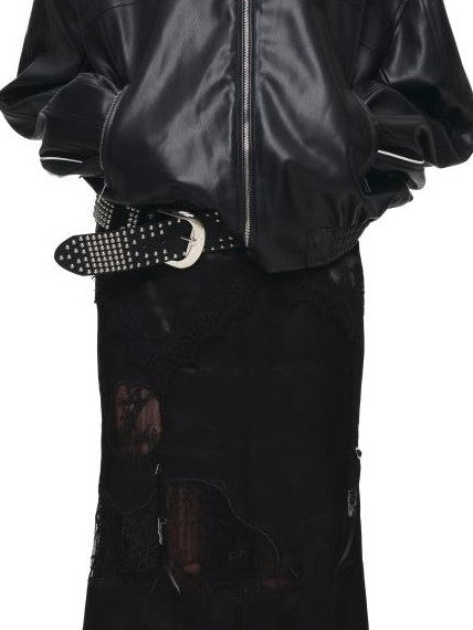 1JINN STUDIO Contrast Woven Strap Oversized Biker Zipper Cropped Women&