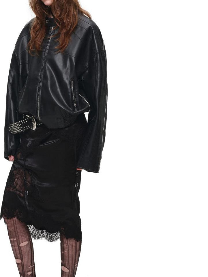 1JINN STUDIO Contrast Woven Strap Oversized Biker Zipper Cropped Women&
