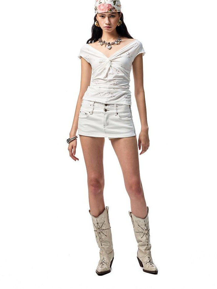 1JINN STUDIO Crackle Embroidered V Cut Pointed Women&