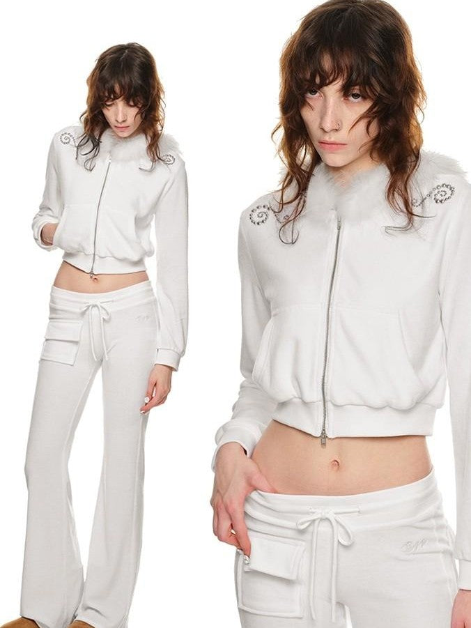1JINN STUDIO Cropped Raccoon Fur Trim Hood Micro Flare Slim Women&