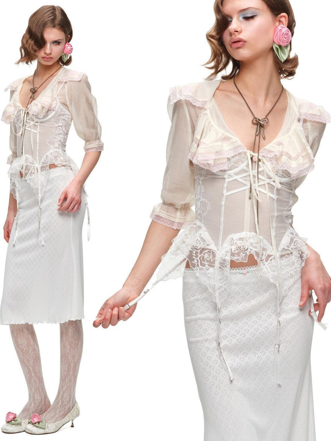 1JINN STUDIO Cropped Sailor Collar Ruffle Mid Sleeve Women&