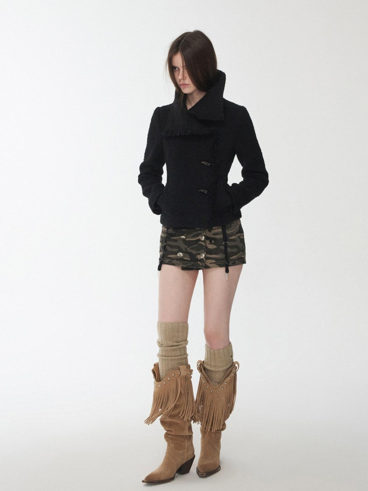 1JINN STUDIO Cropped Stand Collar Frayed Edge Toggle Buttons Slim Women&