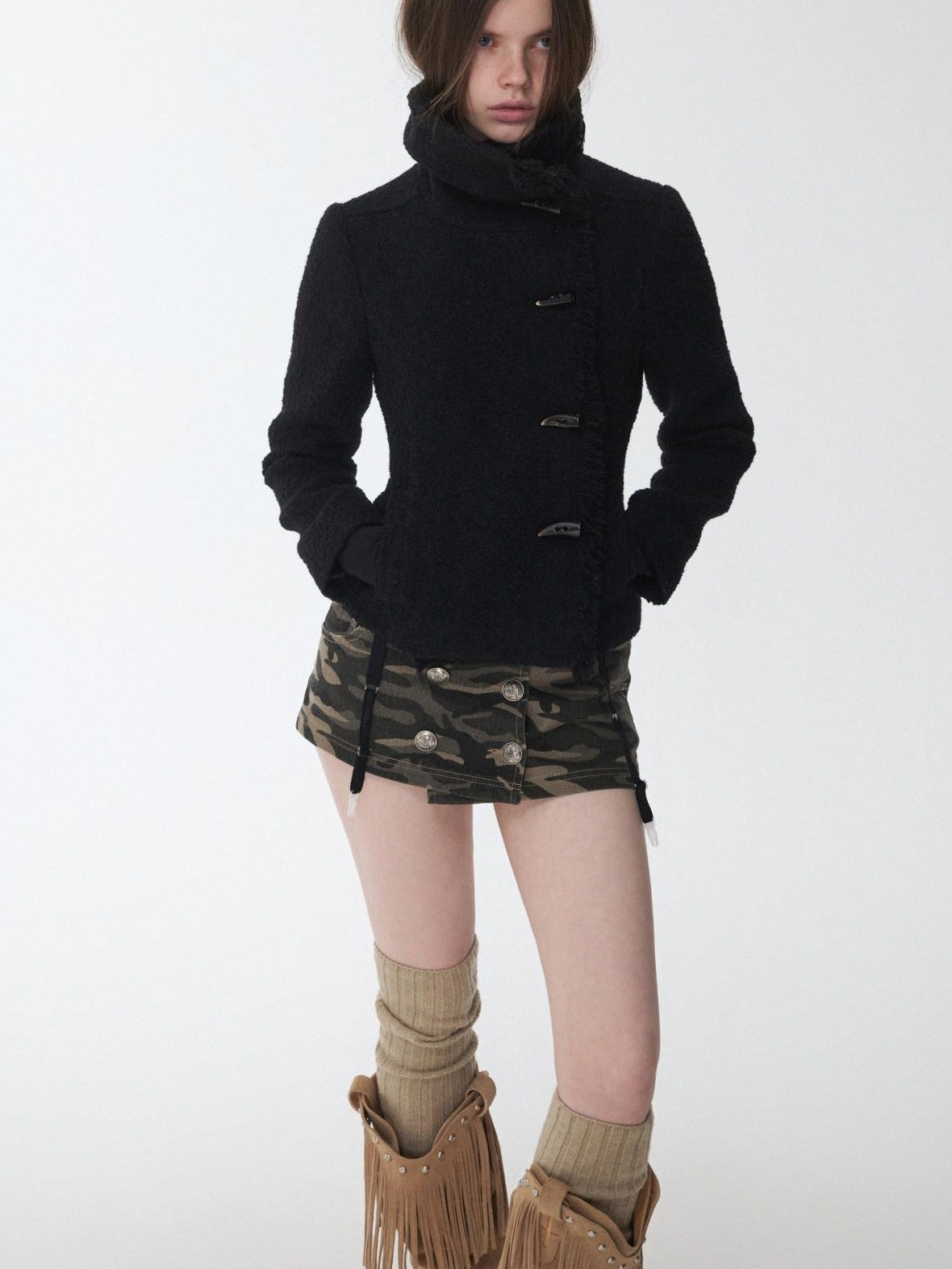 1JINN STUDIO Cropped Stand Collar Frayed Edge Toggle Buttons Slim Women&