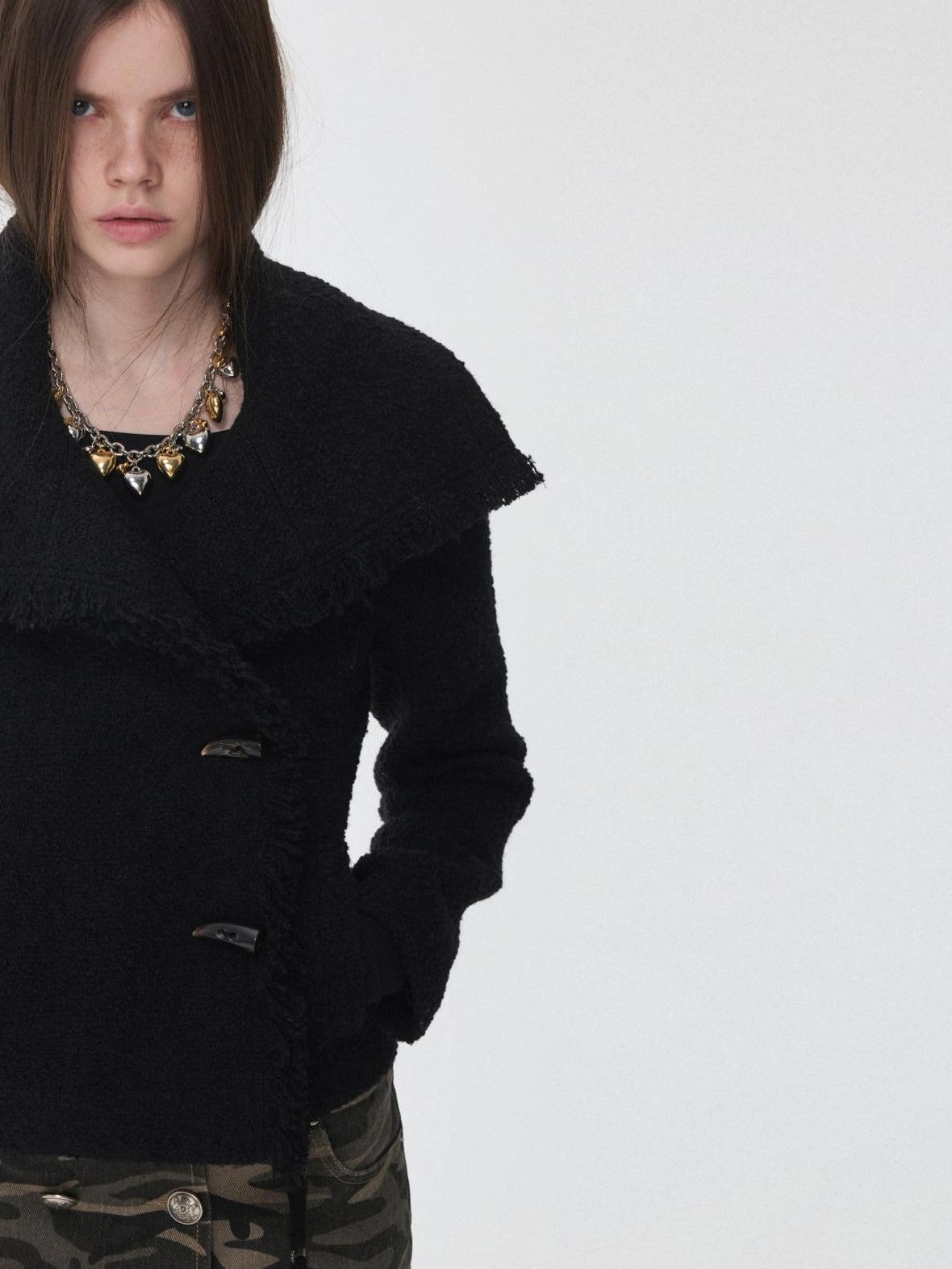 1JINN STUDIO Cropped Stand Collar Frayed Edge Toggle Buttons Slim Women&