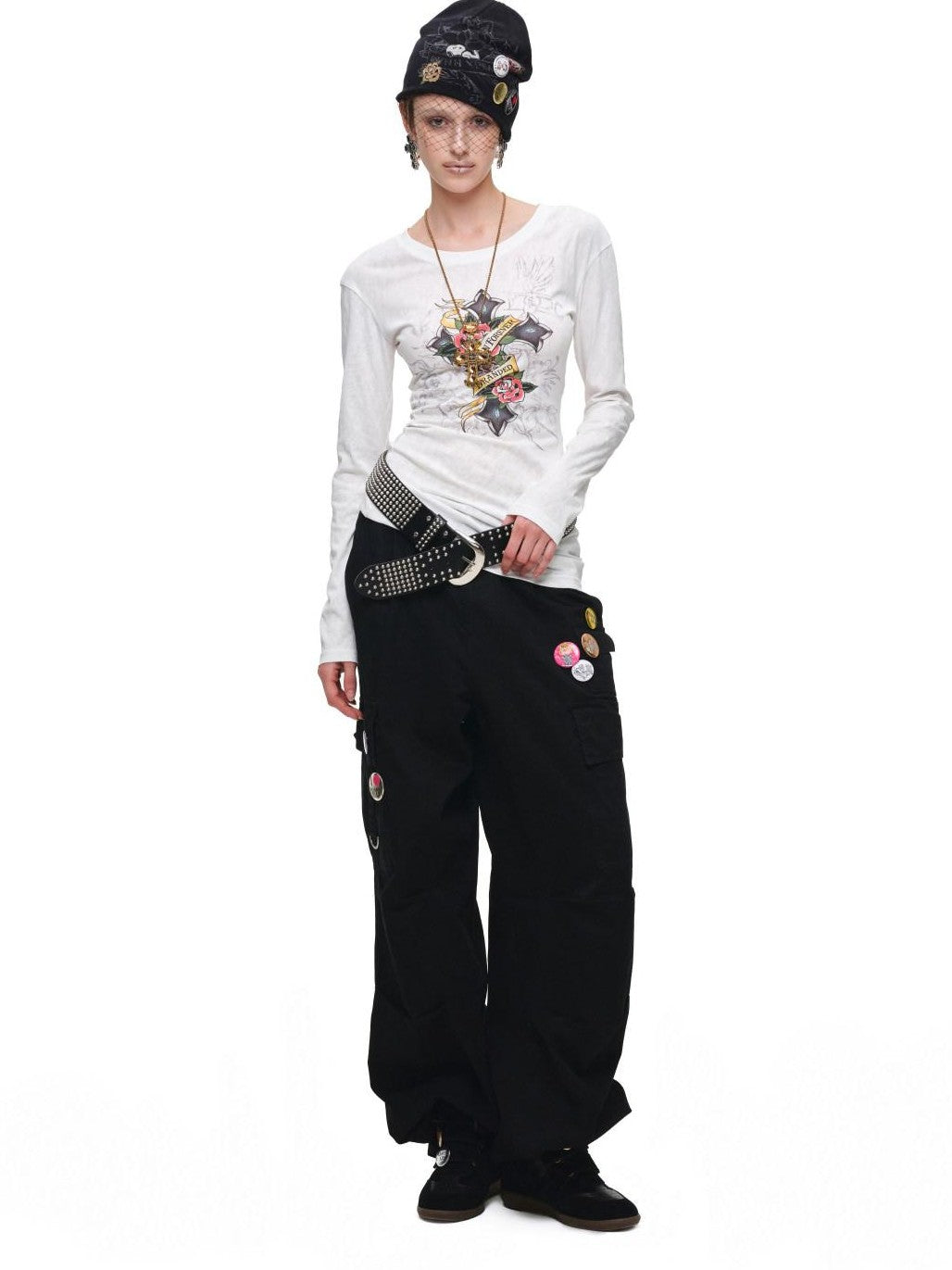 1JINN STUDIO Cross Print Distressed Cutout Waist Long Sleeve Women&