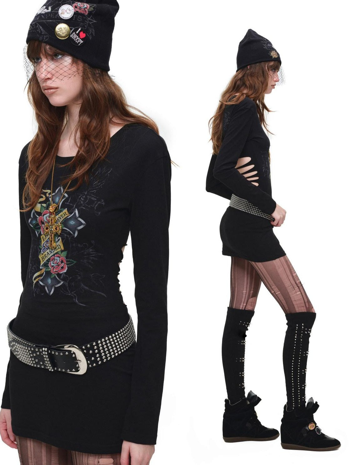 1JINN STUDIO Cross Print Distressed Cutout Waist Long Sleeve Women&