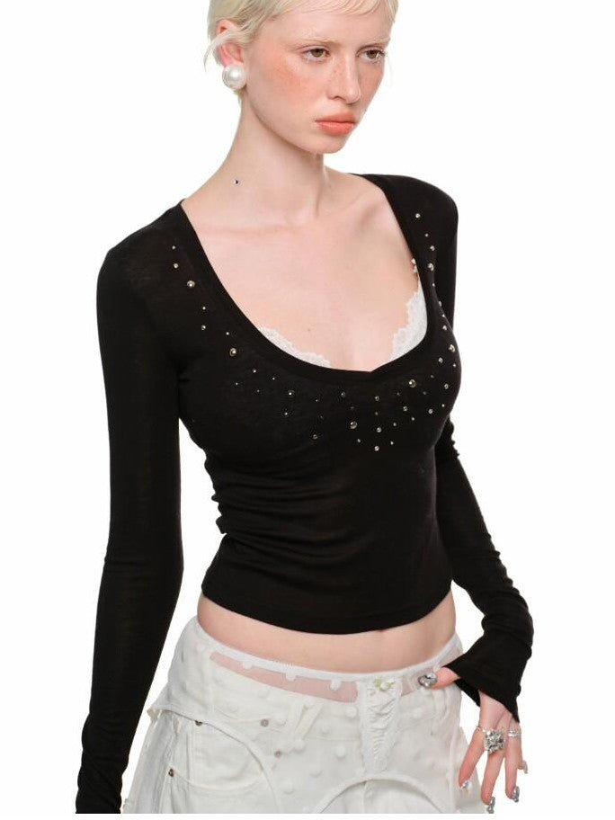 1JINN STUDIO Deep V-neck Studded Rhinestone Slimming Women&