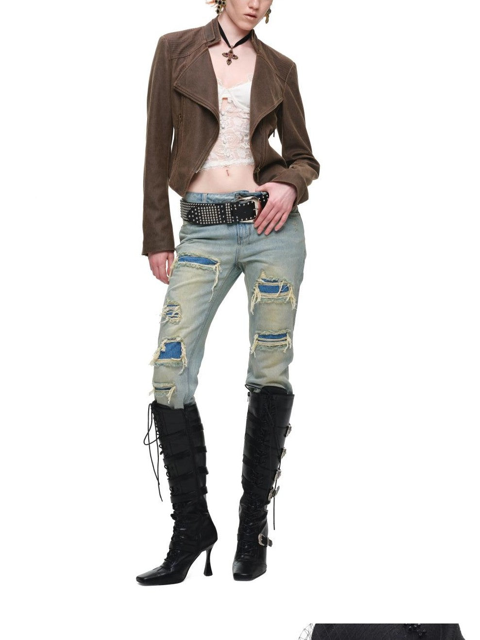 1JINN STUDIO Distressed Double Collar Zip Short Slim Women&