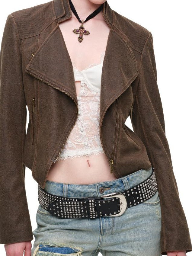 1JINN STUDIO Distressed Double Collar Zip Short Slim Women&