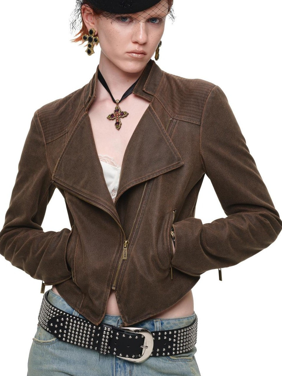 1JINN STUDIO Distressed Double Collar Zip Short Slim Women&