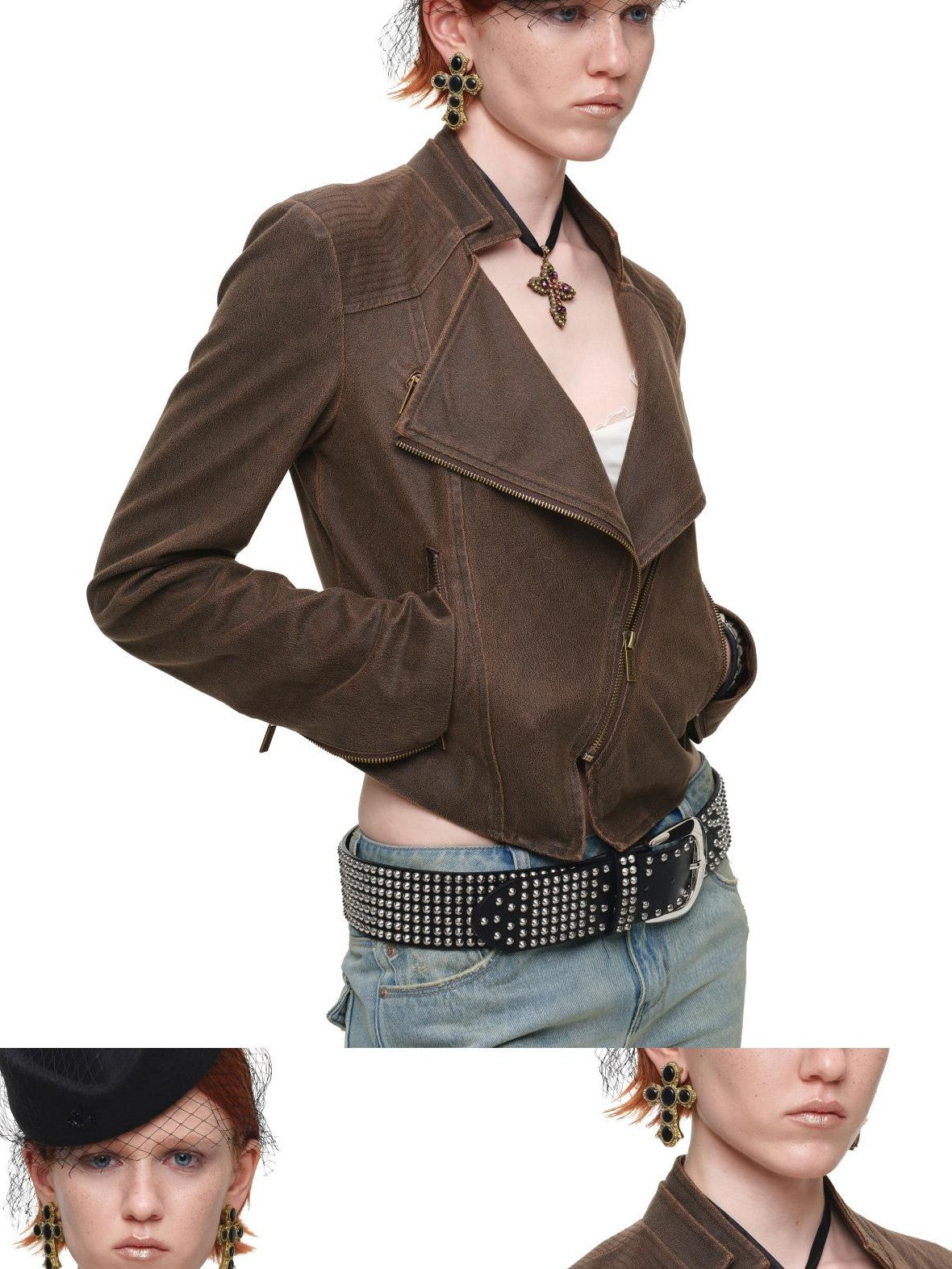 1JINN STUDIO Distressed Double Collar Zip Short Slim Women&