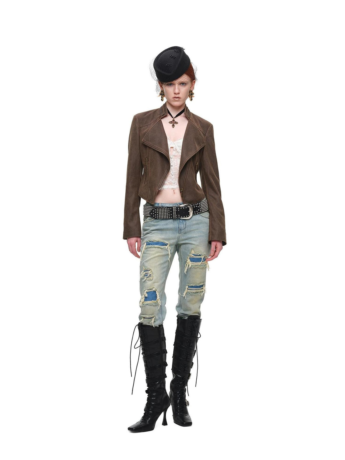 1JINN STUDIO Distressed Double Patch Frayed Faux Rips Women&