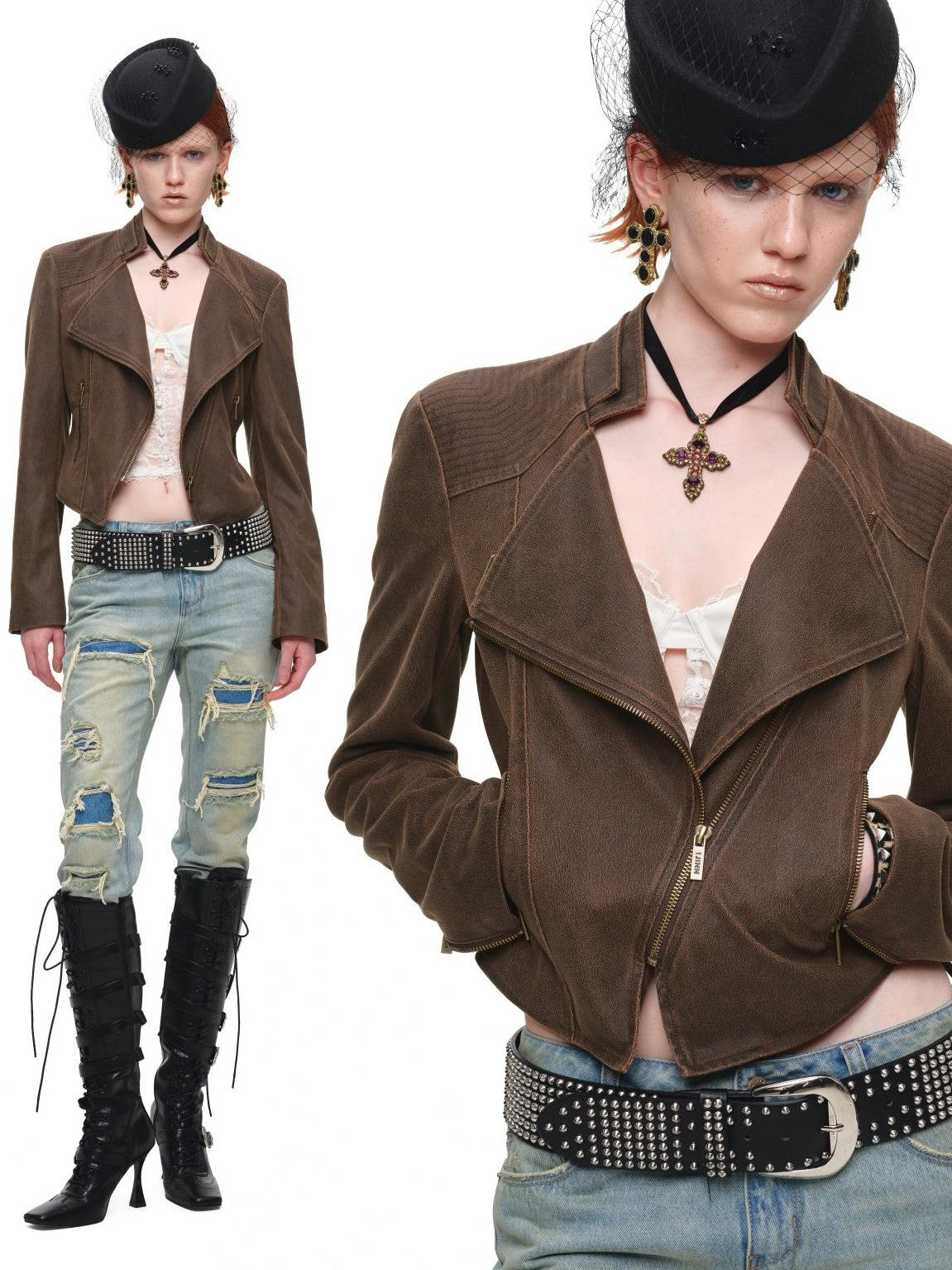 1JINN STUDIO Distressed Double Patch Frayed Faux Rips Women&