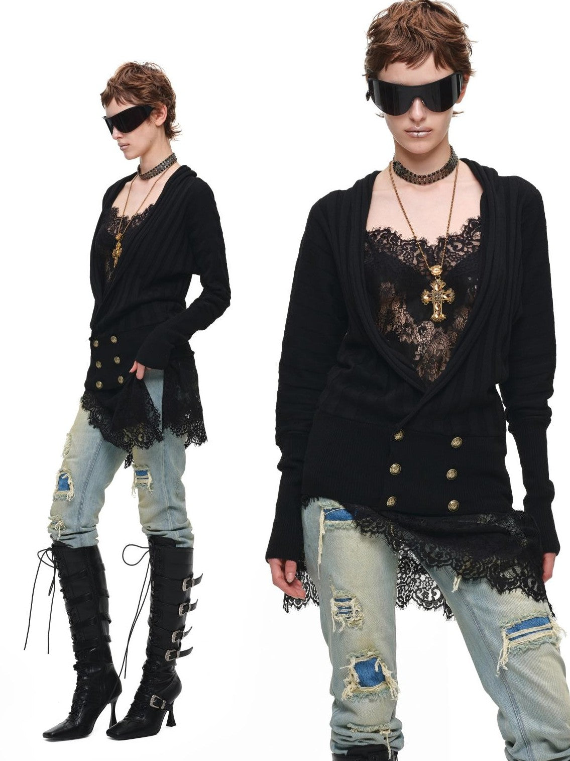 1JINN STUDIO Distressed Double Patch Frayed Faux Rips Women&