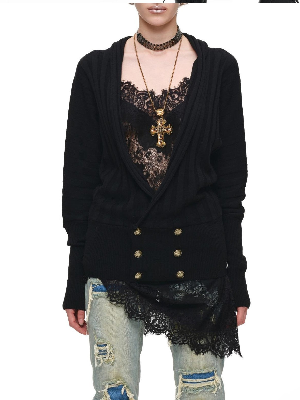 1JINN STUDIO Distressed Double Patch Frayed Faux Rips Women&