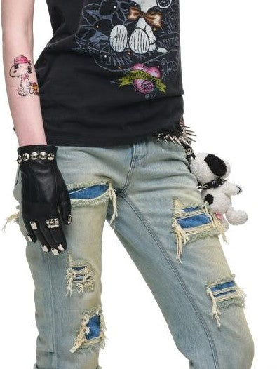 1JINN STUDIO Distressed Double Patch Frayed Faux Rips Women&