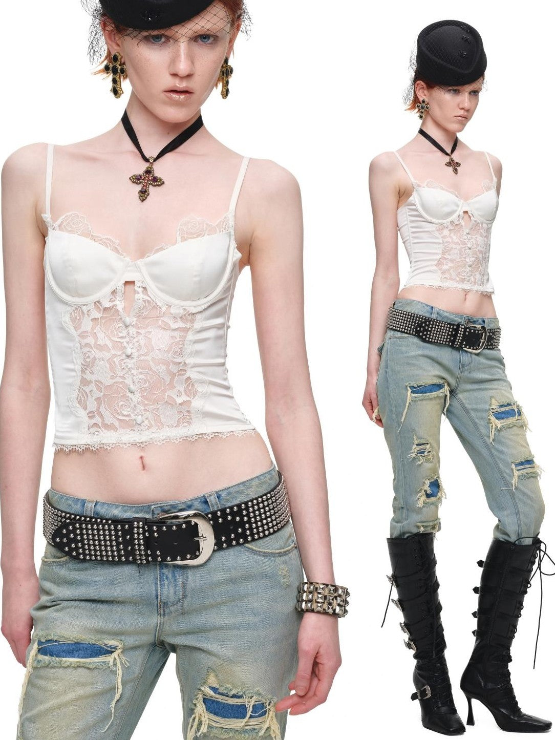 1JINN STUDIO Distressed Double Patch Frayed Faux Rips Women&
