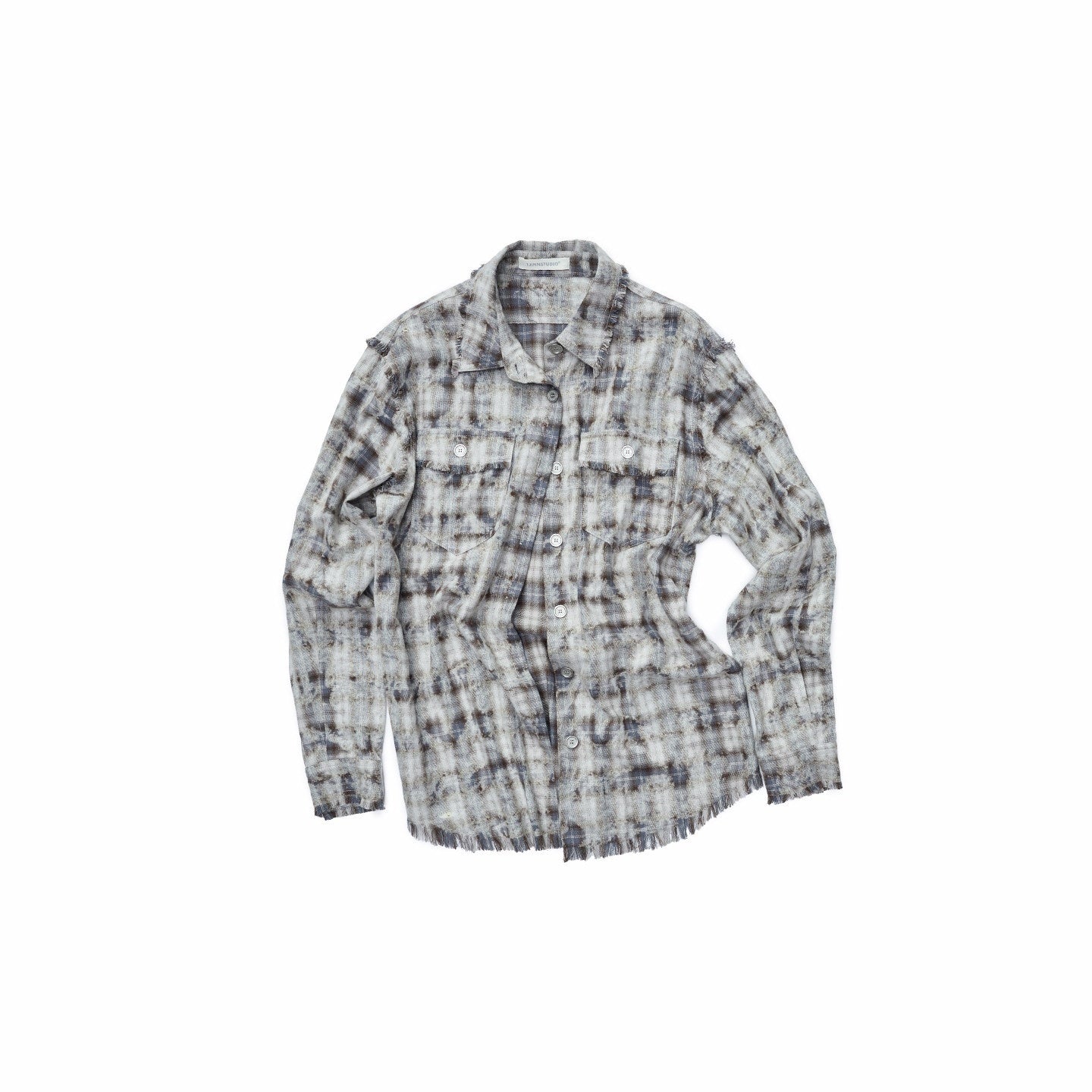1JINN_STUDIO_Distressed_Frayed_Plaid_Slim_Round_Neck_Drop_Shoulder_Women&