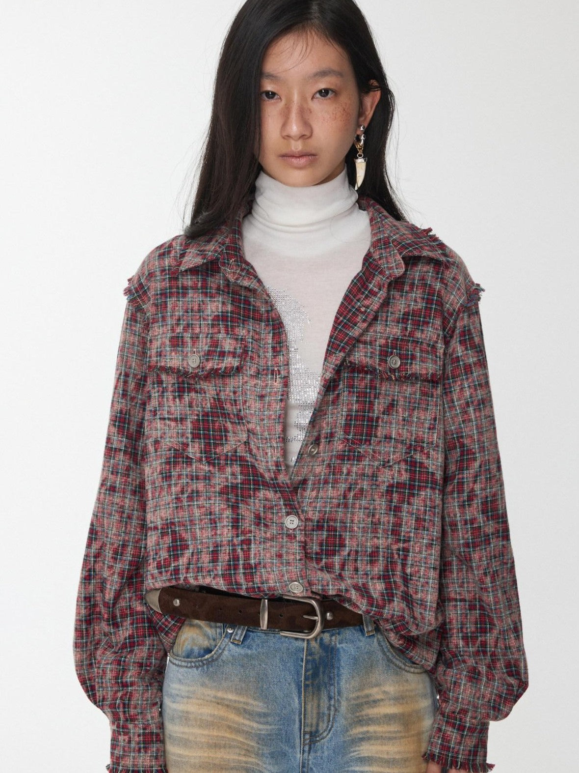 1JINN STUDIO Distressed Frayed Plaid Slim Round Neck Drop Shoulder Women&