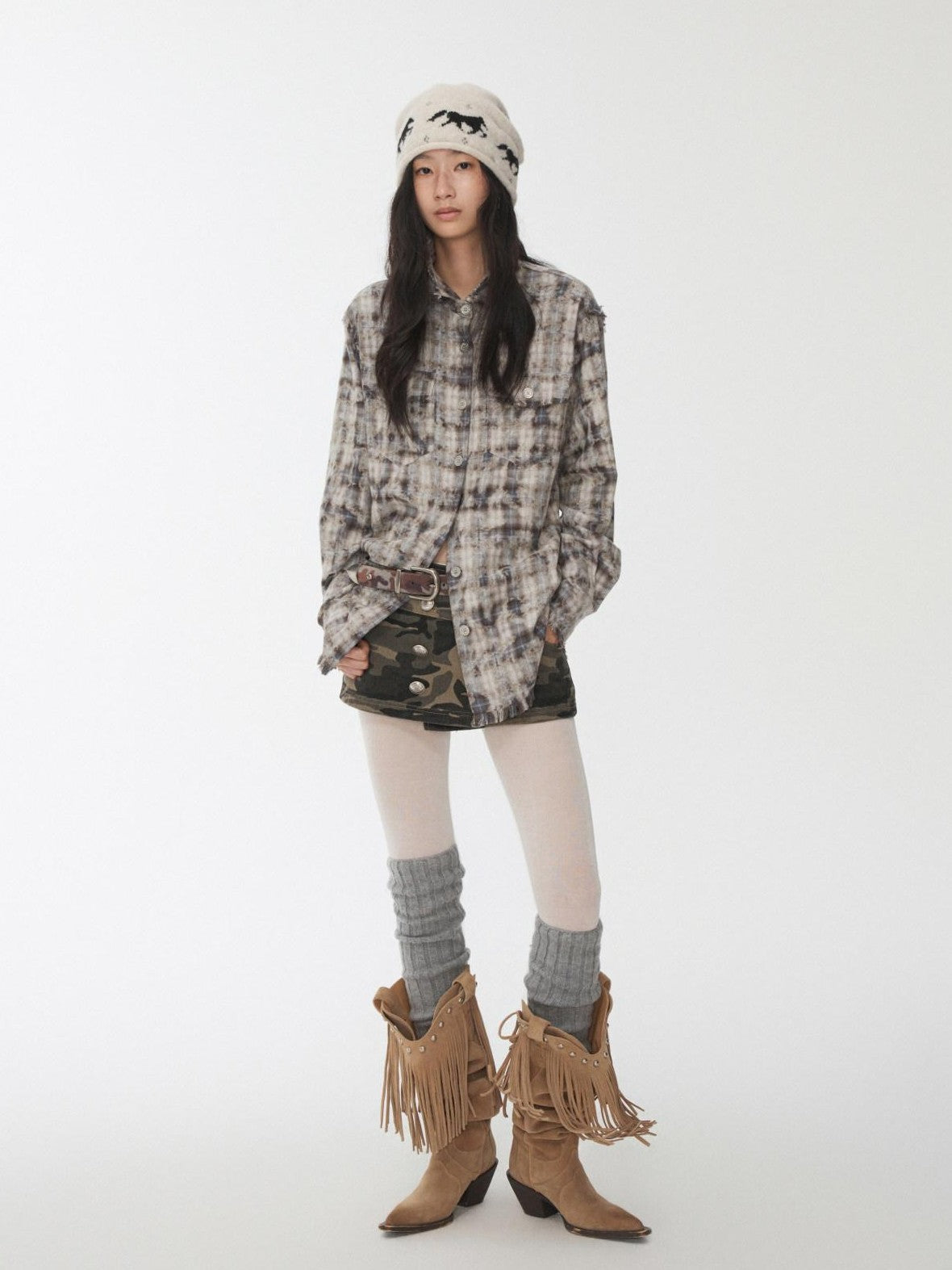 1JINN STUDIO Distressed Frayed Plaid Slim Round Neck Drop Shoulder Women&