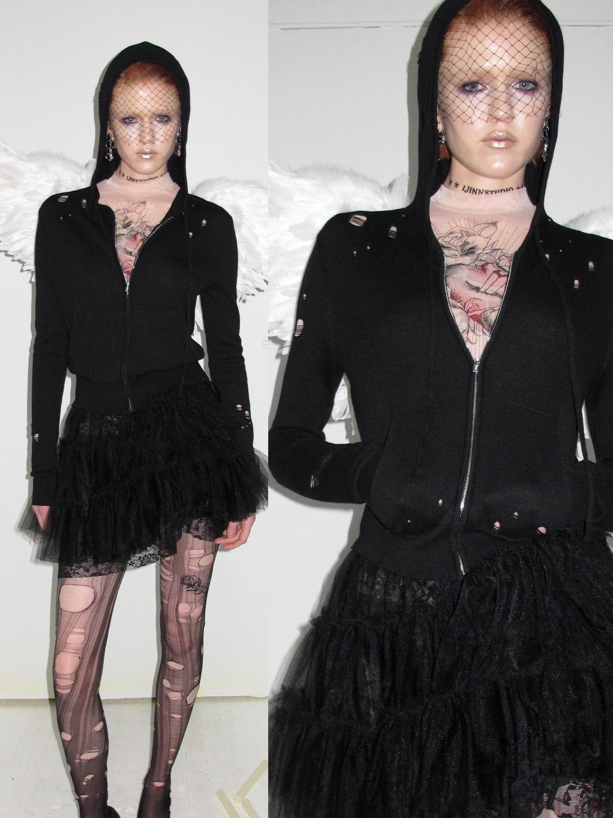 1JINN STUDIO Distressed Holes Hooded Cropped Zipper Knit Women&