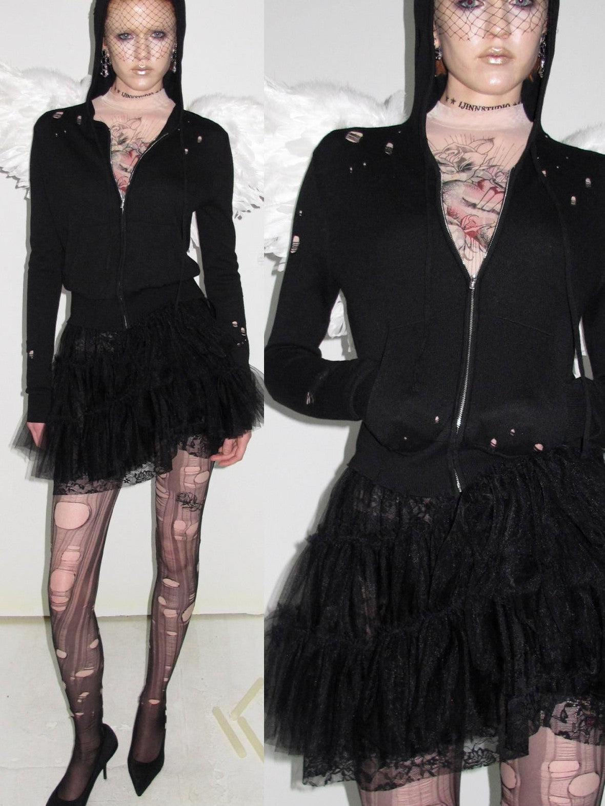 1JINN STUDIO Distressed Holes Hooded Cropped Zipper Knit Women&